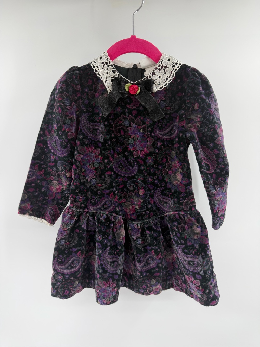 Baby Togs Girls 4T Vintage Black & Purple Velvet Floral Dress with Lace Collar